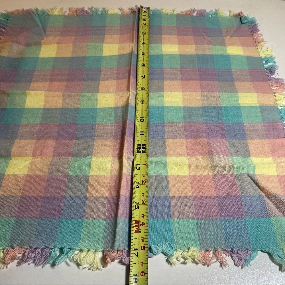 Set of 7 Pastel Color Block Woven Cotton Fringed Napkins 17” Square